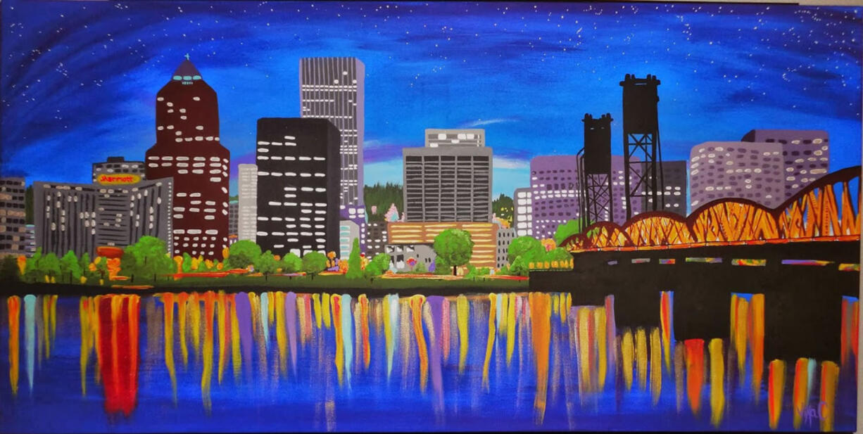 Viktoriya Camp's representation of the Portland waterfront is on display in downtown Portland through mid-December.