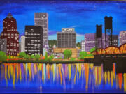 Viktoriya Camp's representation of the Portland waterfront is on display in downtown Portland through mid-December.