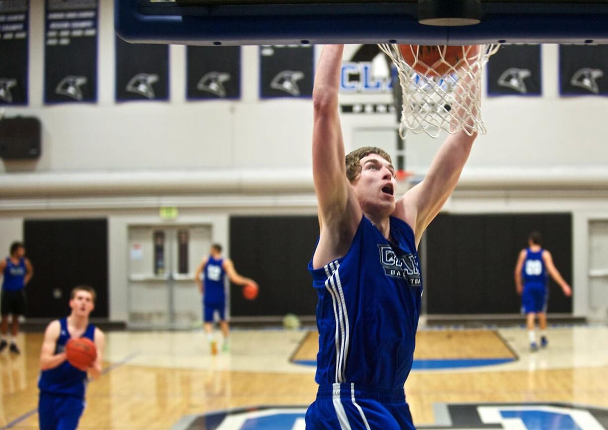 Clark's Collin Spickerman practices on Tuesday. The sophomore averaged 18.2 points, 9.5 rebounds and 3.0 blocks per game this season. He was named the MVP of the Northwest Athletic Associated of Community Colleges West Division.