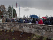 Hundreds of area residents join local veterans at the dedication for the new Battle Ground Veterans Memorial on Wednesday afternoon at Kiwanis Park.