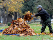 Alejandro Garcia works collecting leaves along Fort Vancouver Way in Vancouver on Thursday as the first taste of a potent wet weather system arrived in the metro area.