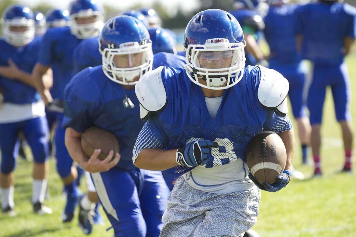 Mountain View High School football player Avi Bharth at practice.