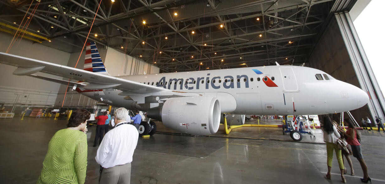 A new American Airlines Airbus A319 aircraft sits in a hanger at Dallas-Forth Worth International Airport in Grapevine, Texas.