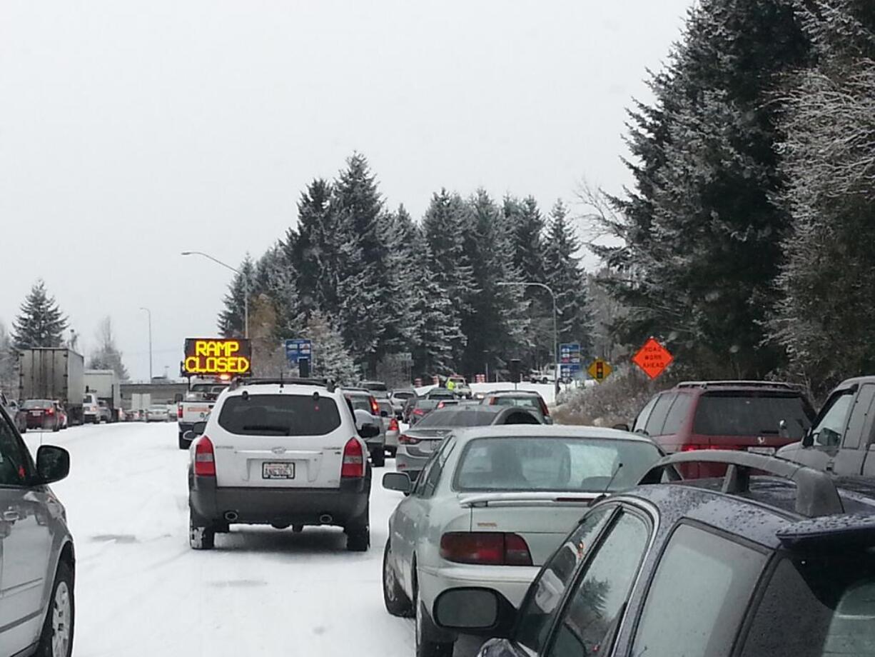 Snow and ice closed the offramp from northbound Interstate 205 to Northeast 134 Street this morning.