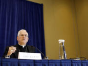 Archbishop Joseph Kurtz, of Louisville, Ky., president of the United States Conference of Catholic Bishops, speaks at a news conference during the USCCB&#039;s annual fall meeting, Monday, Nov. 16, 2015, in Baltimore.