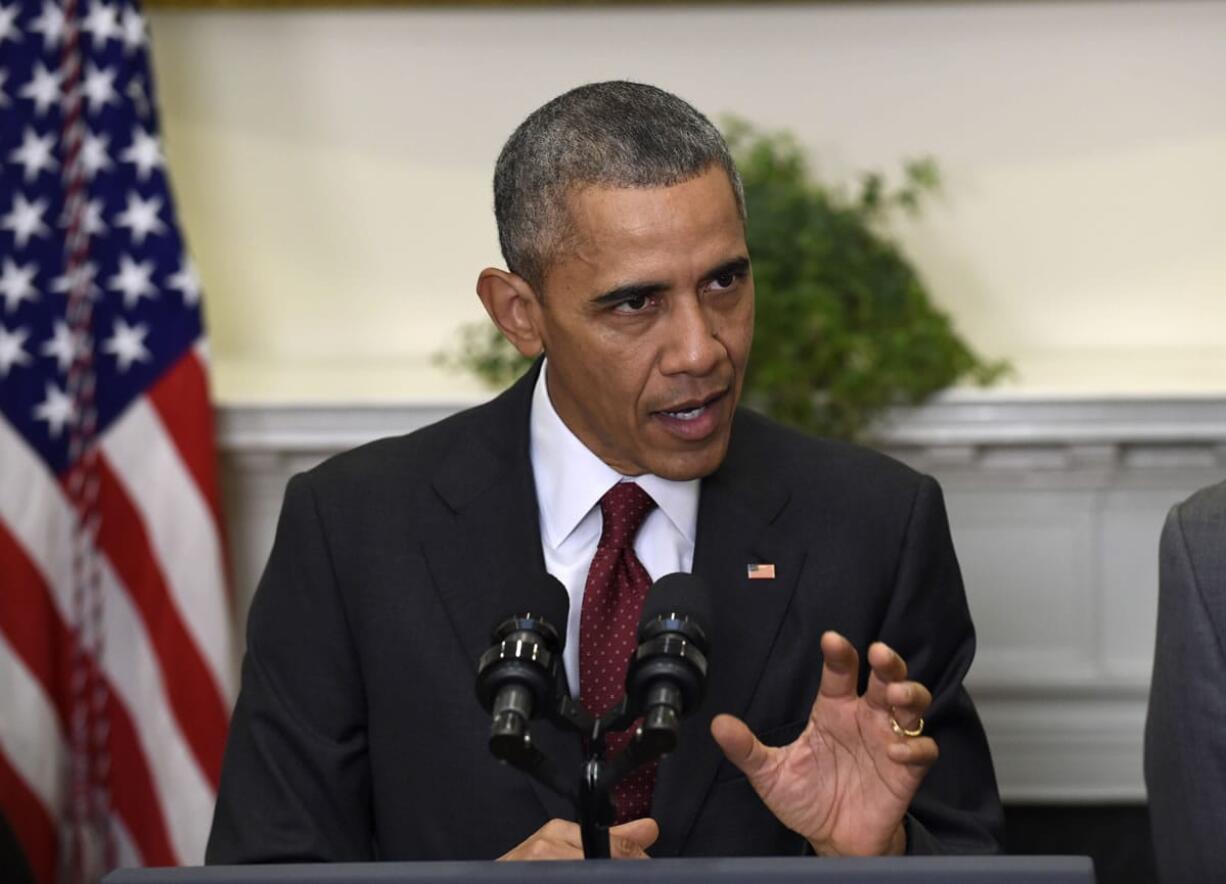 President Barack Obama speaks in the Roosevelt Room of the White House in Washington, Wednesday, Nov. 25, 2015, to brief the public on the nation's homeland security posture heading into the holiday season, following meeting with his national security team.