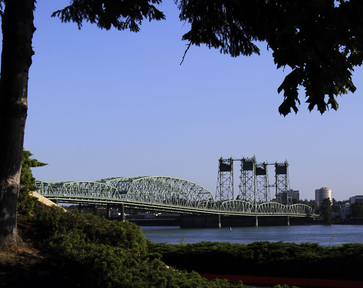 The Interstate 5 bridge spans the Columbia River between Oregon and Washington.