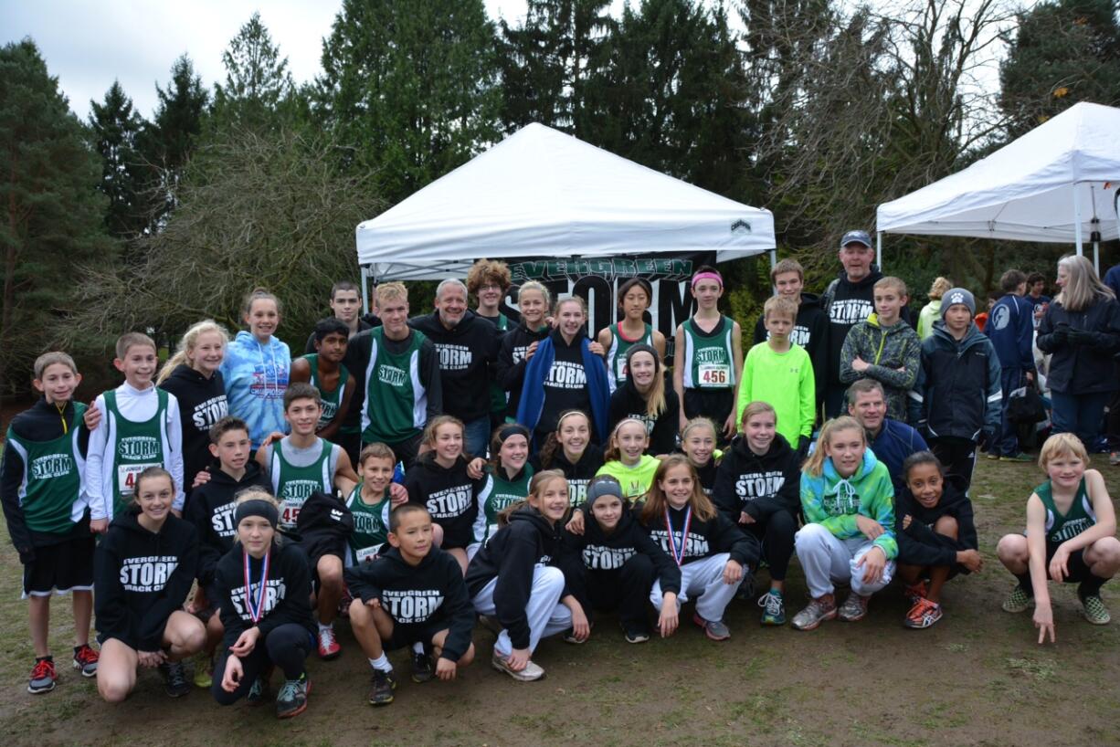 The Evergreen Storm Track Club earned 10 medals and advanced 40 runners to regionals during a Junior Olympics cross country meet on Nov.