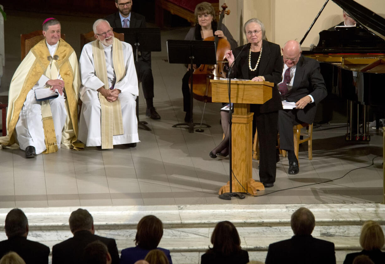 Heather Foley addresses the crowd at St. Aloysius Church during husband Thomas Foley's memorial service on Friday in Spokane. Foley was a former U.S.