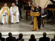 Heather Foley addresses the crowd at St. Aloysius Church during husband Thomas Foley's memorial service on Friday in Spokane. Foley was a former U.S.