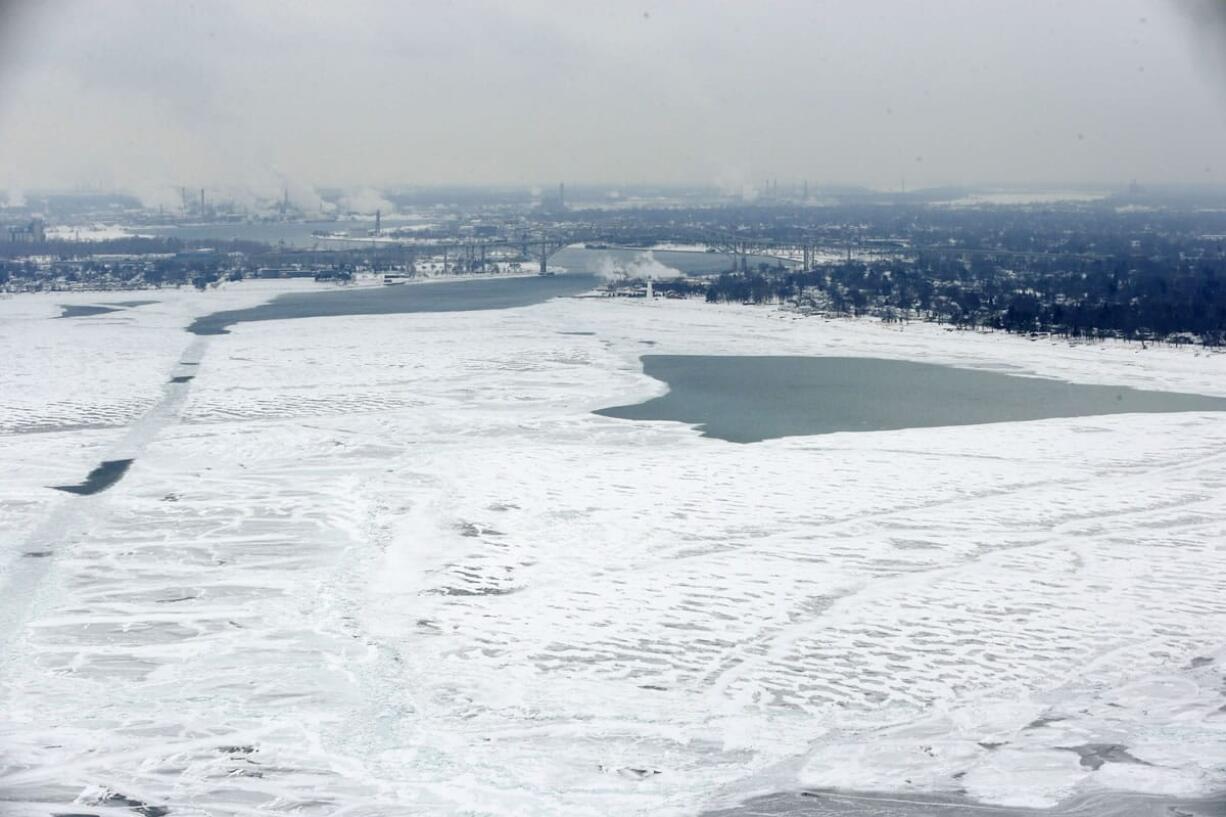 A view of Lake Huron looking south towards Port Huron, Mich., right, and Sarnia, Ont., left, on Feb.