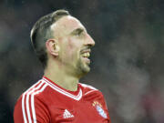 Bayern's thre- times scorer Franck Ribery of France smiles  during the German Bundesliga soccer match between Werder Bremen and Bayern Munich in Bremen, Germany on Dec. 7.