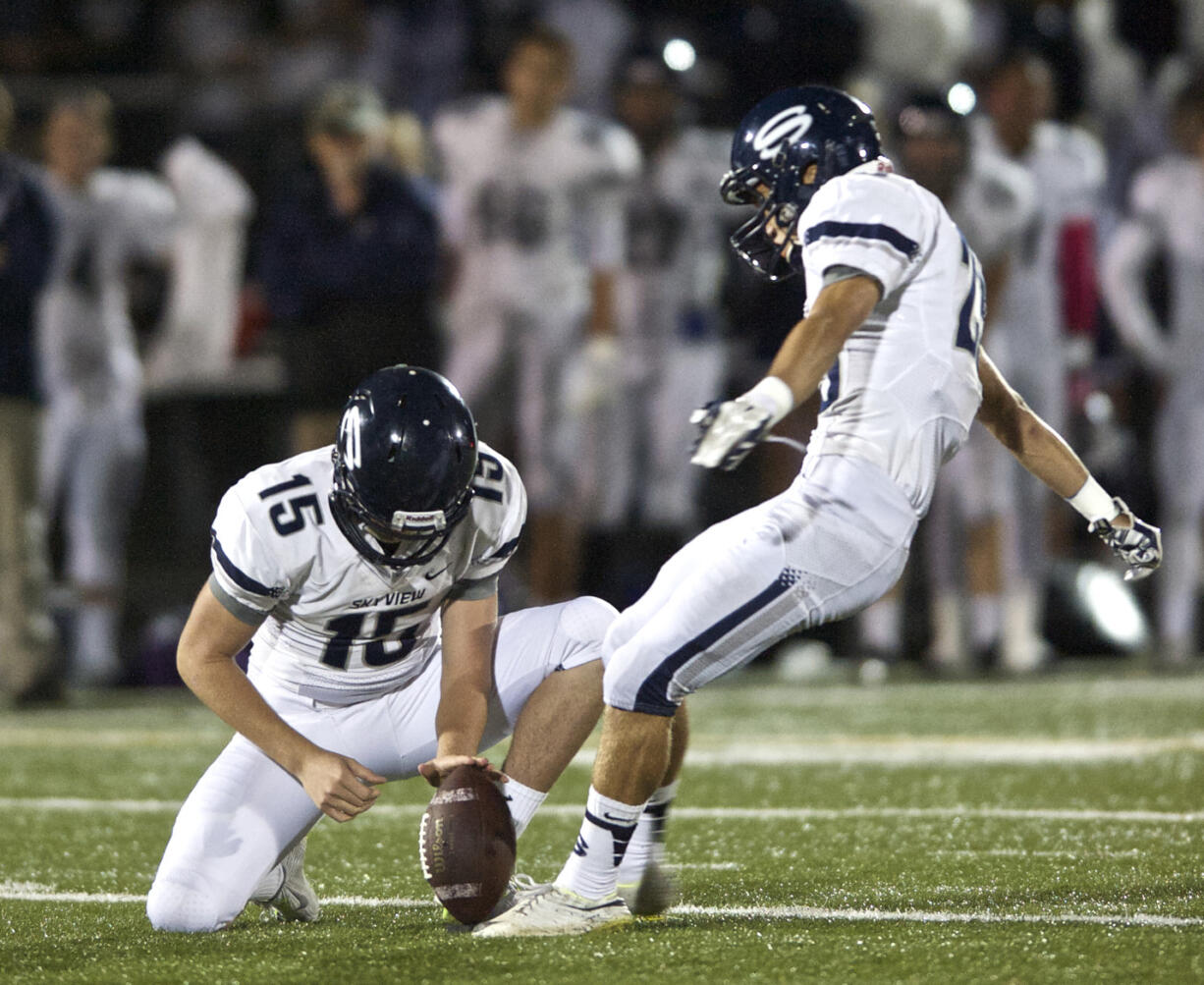 Skyview kicker Braden Hadfield and holder Brody Barnum.