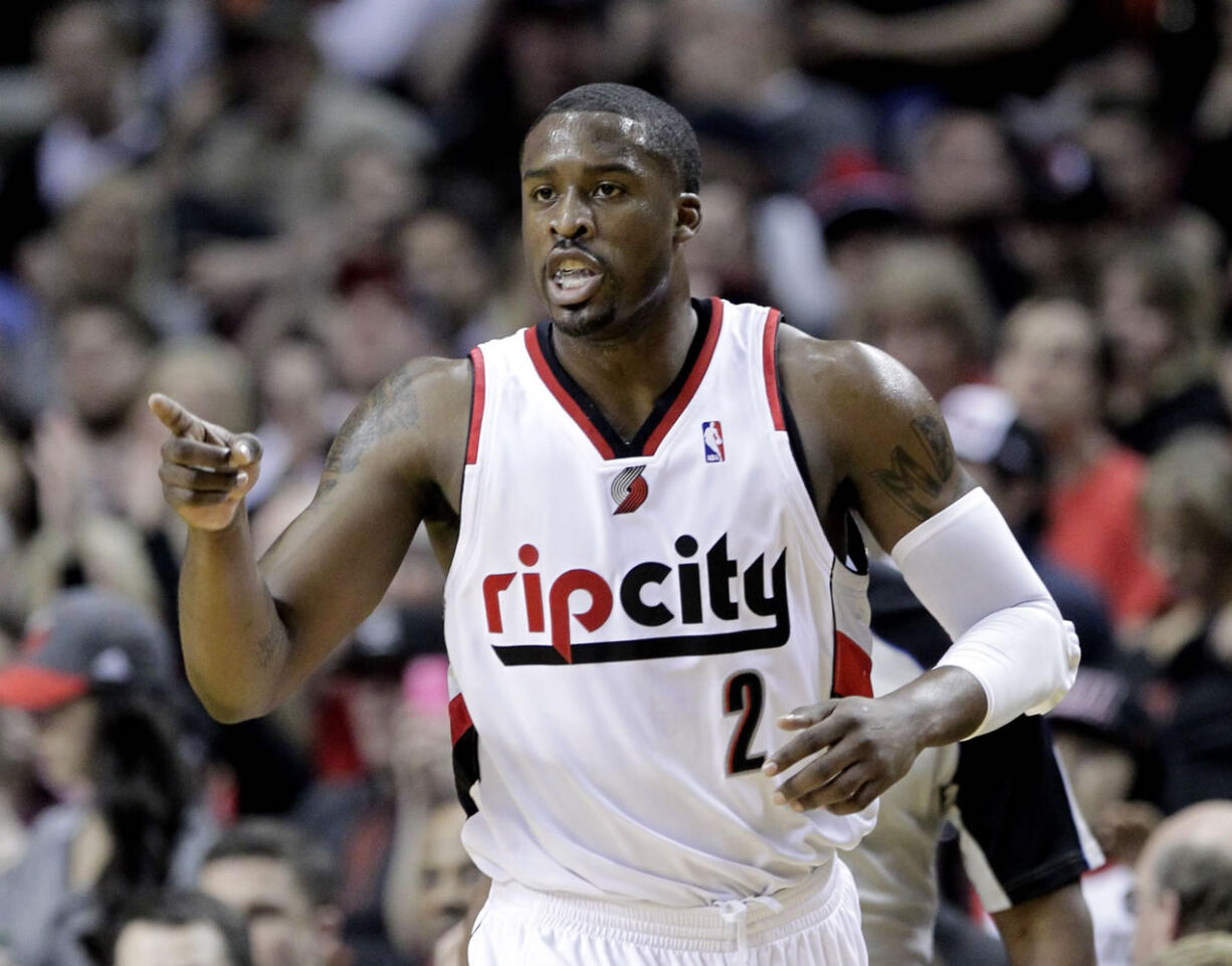 Portland Trail Blazers guard Wesley Matthews points to a teammate for an assist after scoring a 3-point shot during the first half against the Atlanta Hawks on Wednesday.