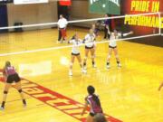 Columbia River in semifinal action against Holy Names in the 3A state volleyball tournament Saturday at St. Martin's University in Lacey.