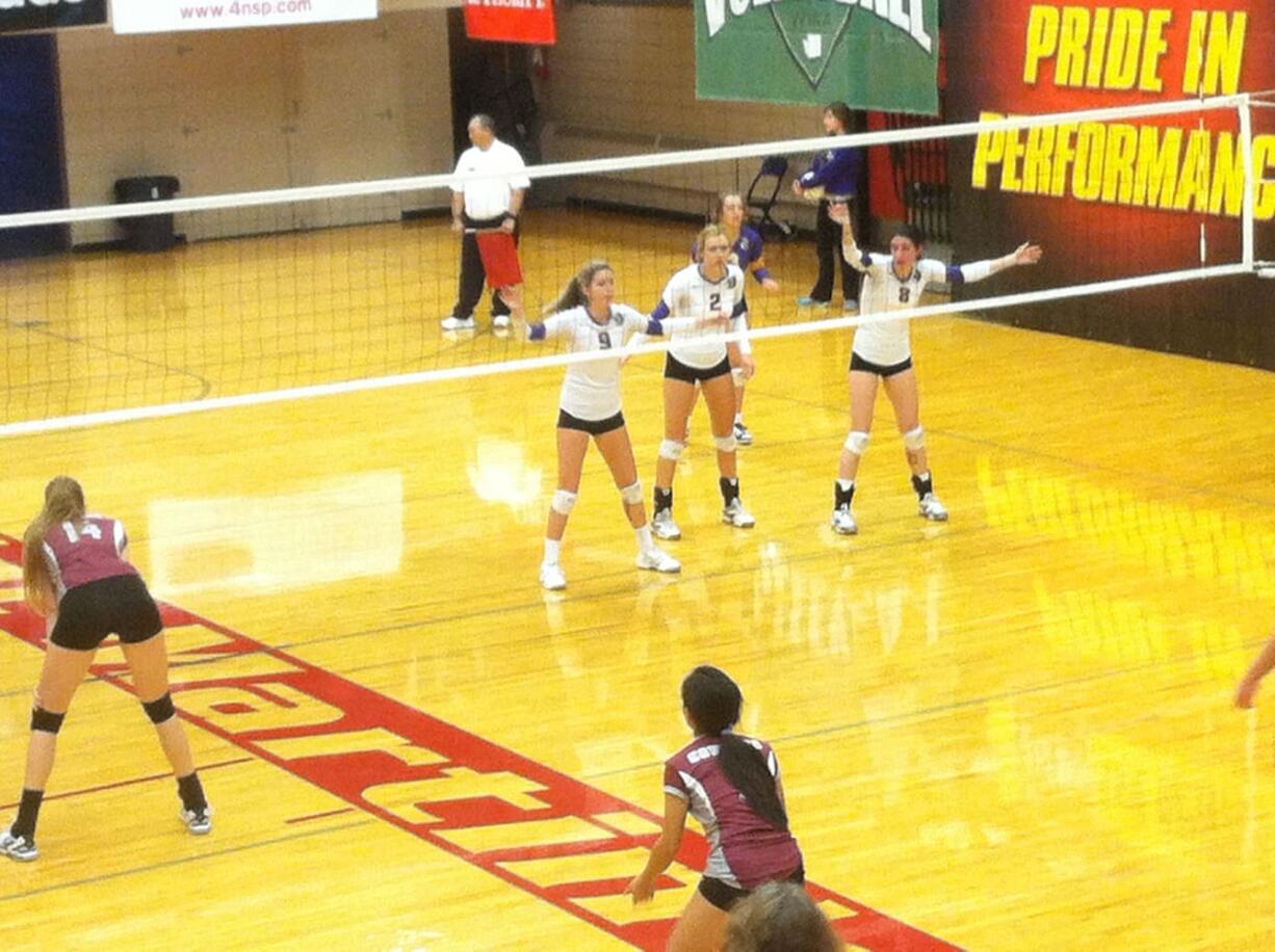 Columbia River in semifinal action against Holy Names in the 3A state volleyball tournament Saturday at St. Martin's University in Lacey.