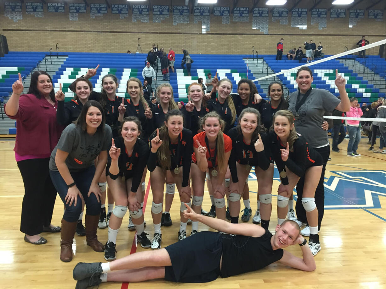 Battle Ground volleyball team celebrates its Class 4A district championship at Mountain View on Wednesday (Photo courtesy of Michele Wyles)