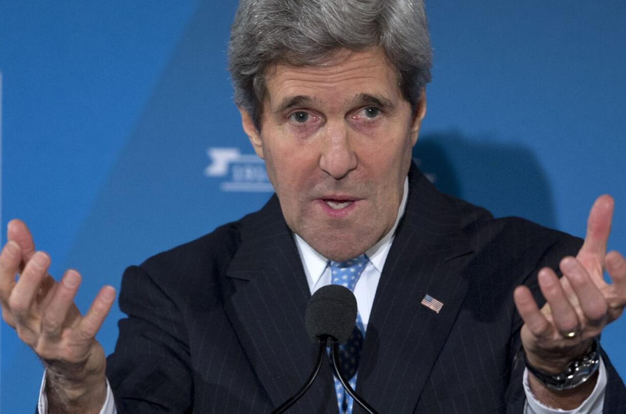 Secretary of State John Kerry gestures as he speaks at the opening dinner of the American Jewish Joint Distribution Committee Centennial Celebration at the National Museum for Women in the Arts in Washington on Monday.