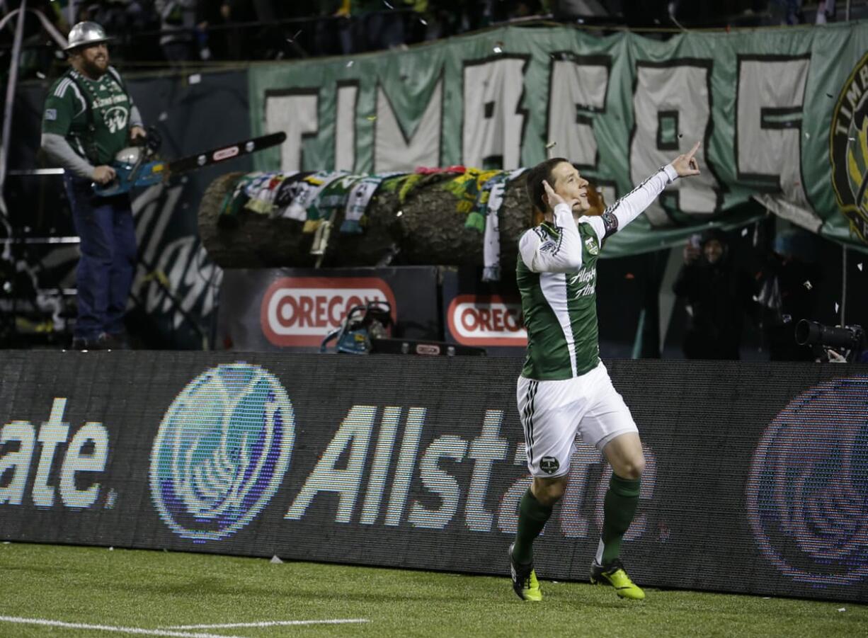 Portland Timbers' Will Johnson celebrates after he scored a goal on a penalty kick during Thursday's playoff victory over Seattle.