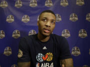 Portland Trail Blazers  player Damian Lillard  speaks during the NBA All Star basketball news conference, Friday, Feb. 14, 2014, in New Orleans. The 63rd annual NBA All Star game will be played Sunday in New Orleans.