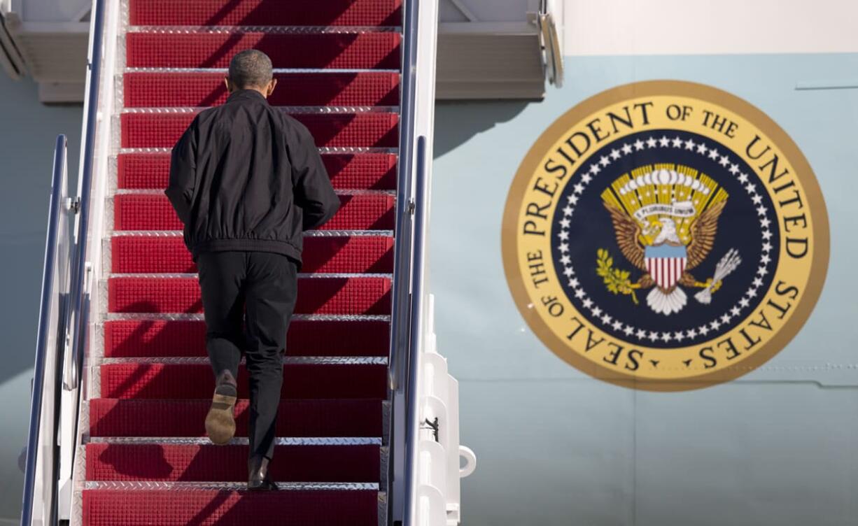 President Barack Obama boards Air Force One, Saturday, Nov. 14, 2015, in Andrews Air Force Base, Md. The president is departing for a nine-day trip to Turkey, the Philippines and Malaysia for global security and economic summits. The global anxiety sparked by a series of deadly attacks in Paris by the Islamic State group has given new urgency to Obama&#039;s upcoming talks with world leaders.