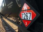 A warning placard on a tank car carrying crude oil is seen on a train idled on the tracks near a crude loading terminal in Trenton, N.D., on Nov.