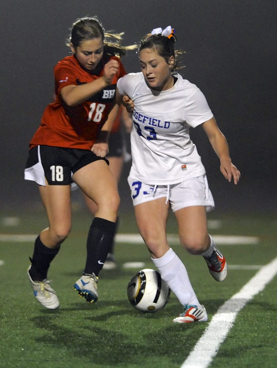 Ridgefield's Madison Ochoa (33) drives against Bellingham's Emma Brice (18) during the first round Class 2A state playoff in Ridgefield.