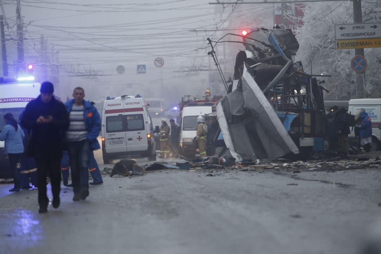 Ambulances line up at the site of a trolley bus explosion Monday in Volgograd, Russia.