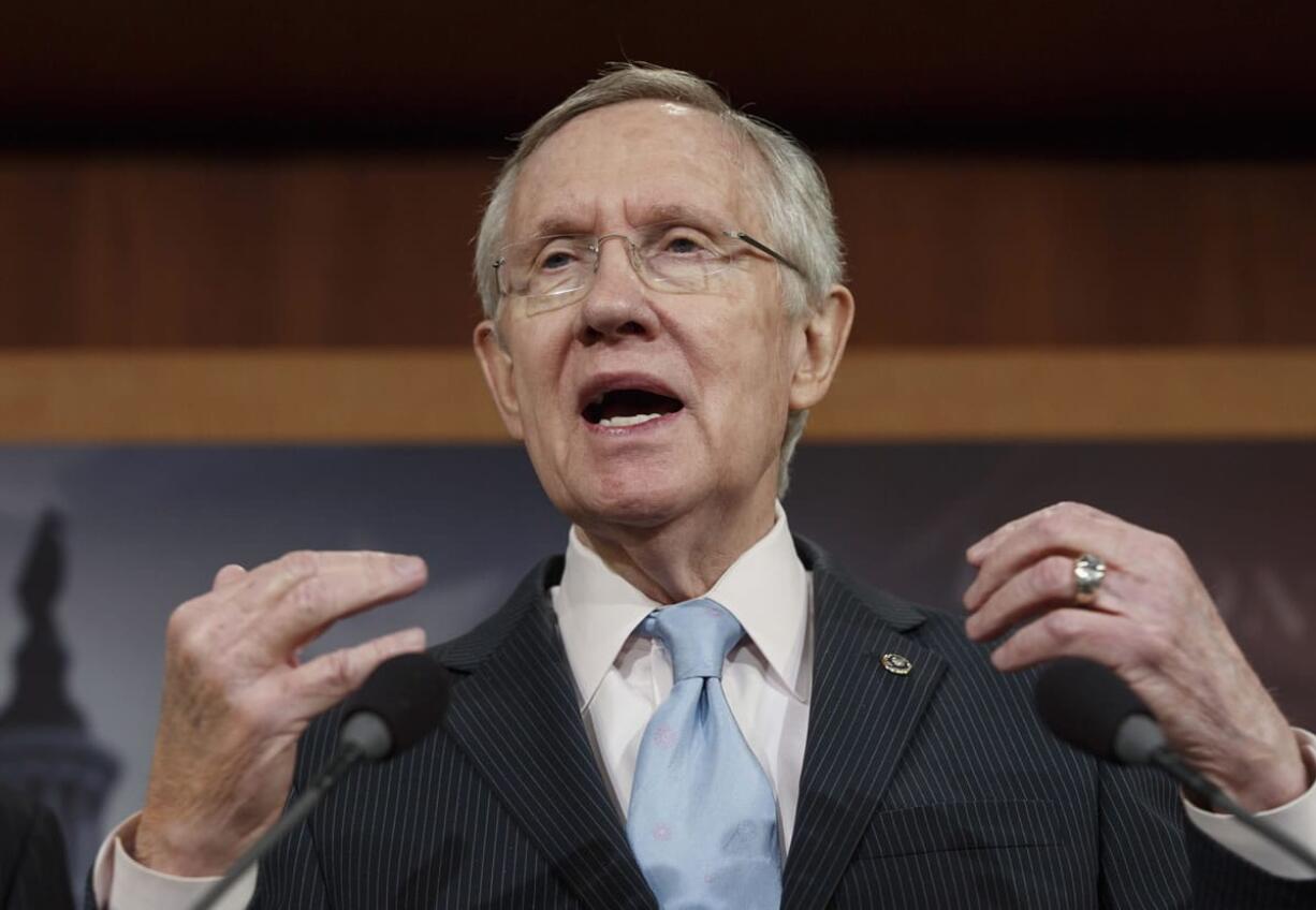 Senate Majority Leader Harry Reid of Nev., tells reporters, Feb. 6, during a news conference on Capitol Hill in Washington.