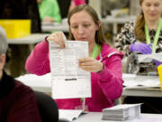 Election workers, including Brianna Michel, center, sort through ballots at the King County Elections Office on election day Tuesday in Renton.