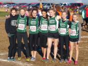 The Evergreen Storm Track Club girls ages 13-14 placed third in their division at regionals in Pasco. From left: Drew Lobis, Izzy Kasten, Sophia Doumitt, Kya Glover, Makenna Harbertson, Grace Maruca and Hailee Sherman.