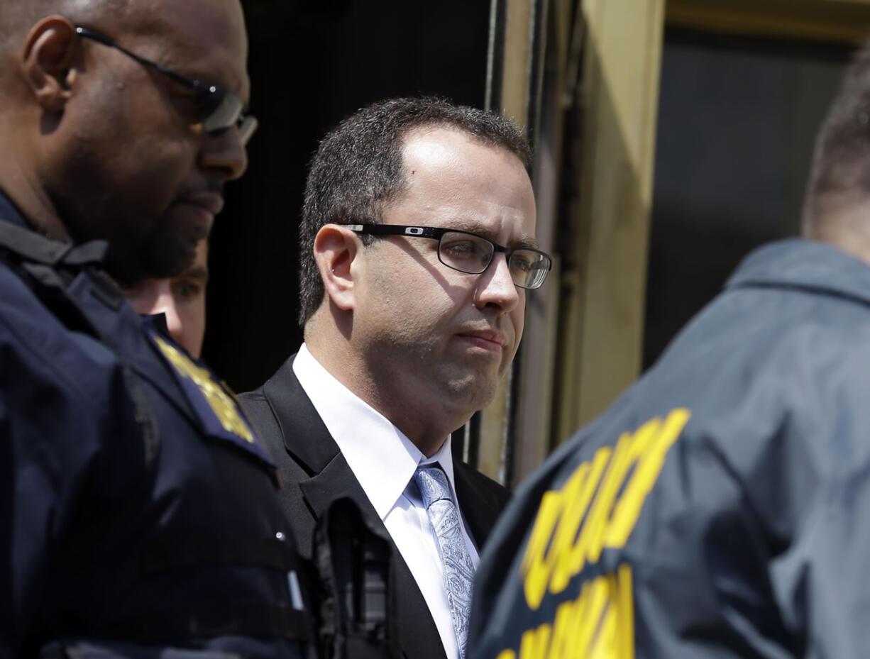 Former Subway pitchman Jared Fogle leaves the federal courthouse in Indianapolis in August, following a hearing on child-pornography charges. Fogle is scheduled Thursday to face a federal judge in Indianapolis for sentencing, after agreeing in August to plead guilty to charges of illicit sexual conduct with a minor and receiving child pornography.