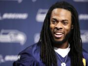 Seattle Seahawks' Richard Sherman speaks at an NFL football news conference Wednesday, Jan. 22, 2014, in Renton, Wash. The Seahawks play the Denver Broncos in the Super Bowl on Feb. 2.