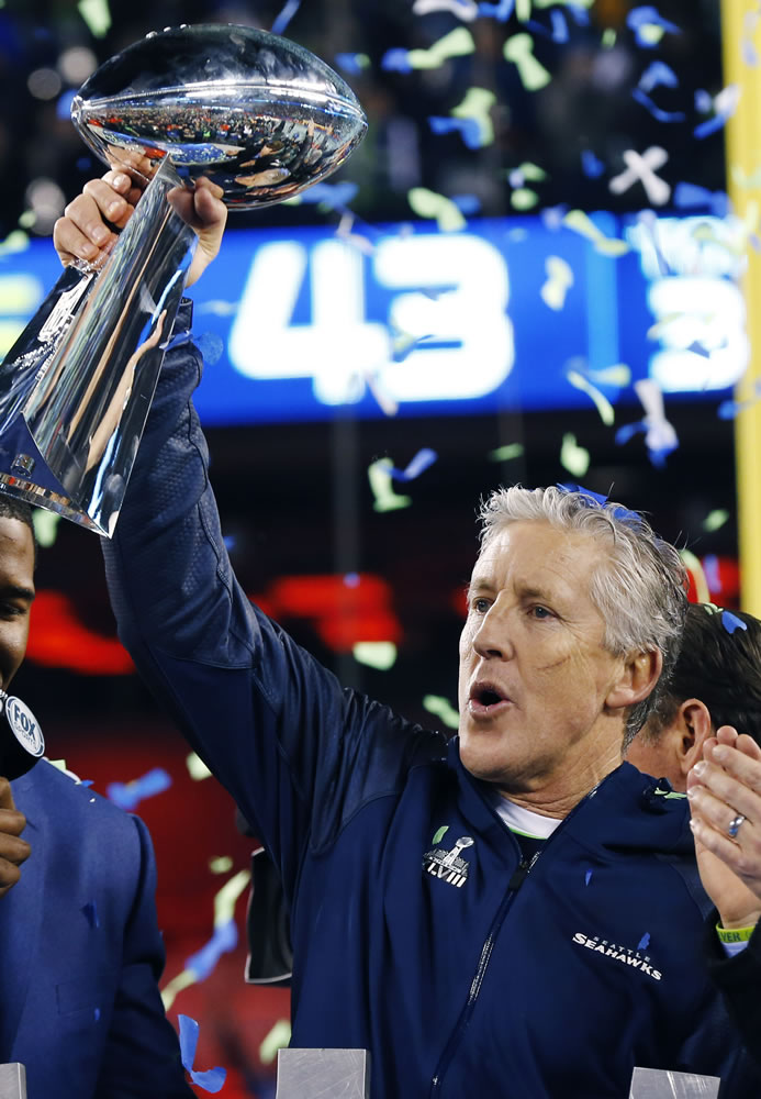 Seattle Seahawks head coach Pete Carroll with the Lombardi Trophy.