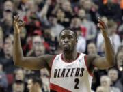 Wesley Matthews signals after making a 3-pointer in the Blazers' win over Oklahoma City (Don Ryan/Associated Press)