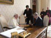 Pope Francis meets Israeli Prime Minister Benjamin Netanyahu at the Vatican on Monday.