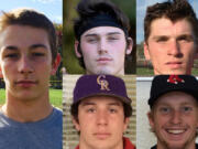 Week 10 prep football player of the week Canon Racanelli of Hockinson with nominees (clockwise from top left) Liam Fitzgerald of Camas, Gunner Talkington of Battle Ground, Garrett McKee of Columbia River and Alex McGarry of Columbia River