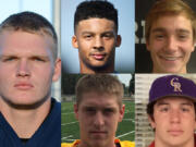 Week 9 prep football player of the week Cameron Loos of Hockinson, with fellow nominees (clockwise from top left) Preston Jones of Mountain View, Jared Bentley of Camas, Wyatt Harsh of Woodland and Alex McGarry of Columbia River