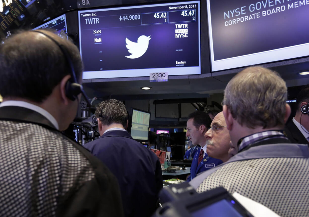 Traders gather at the post that handles Twitter on the floor of the New York Stock Exchange on Nov.