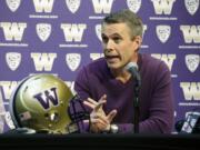 Washington head football coach Chris Petersen talks to reporters Monday, March 3, 2014, in Seattle. Washington begins spring NCAA college football practice on Tuesday, March 4, 2014. (AP Photo/Ted S.