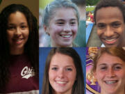 Week 9 fall sports athlete of the week Ashley Watkins of Battle Ground volleyball with other nominees (clockwise from top left) Rachel Blair of Camas cross country, Silas Griffith of Ridgefield cross country, Ellie Walker of Columbia River soccer and Colleen Woods of Heritage swimming