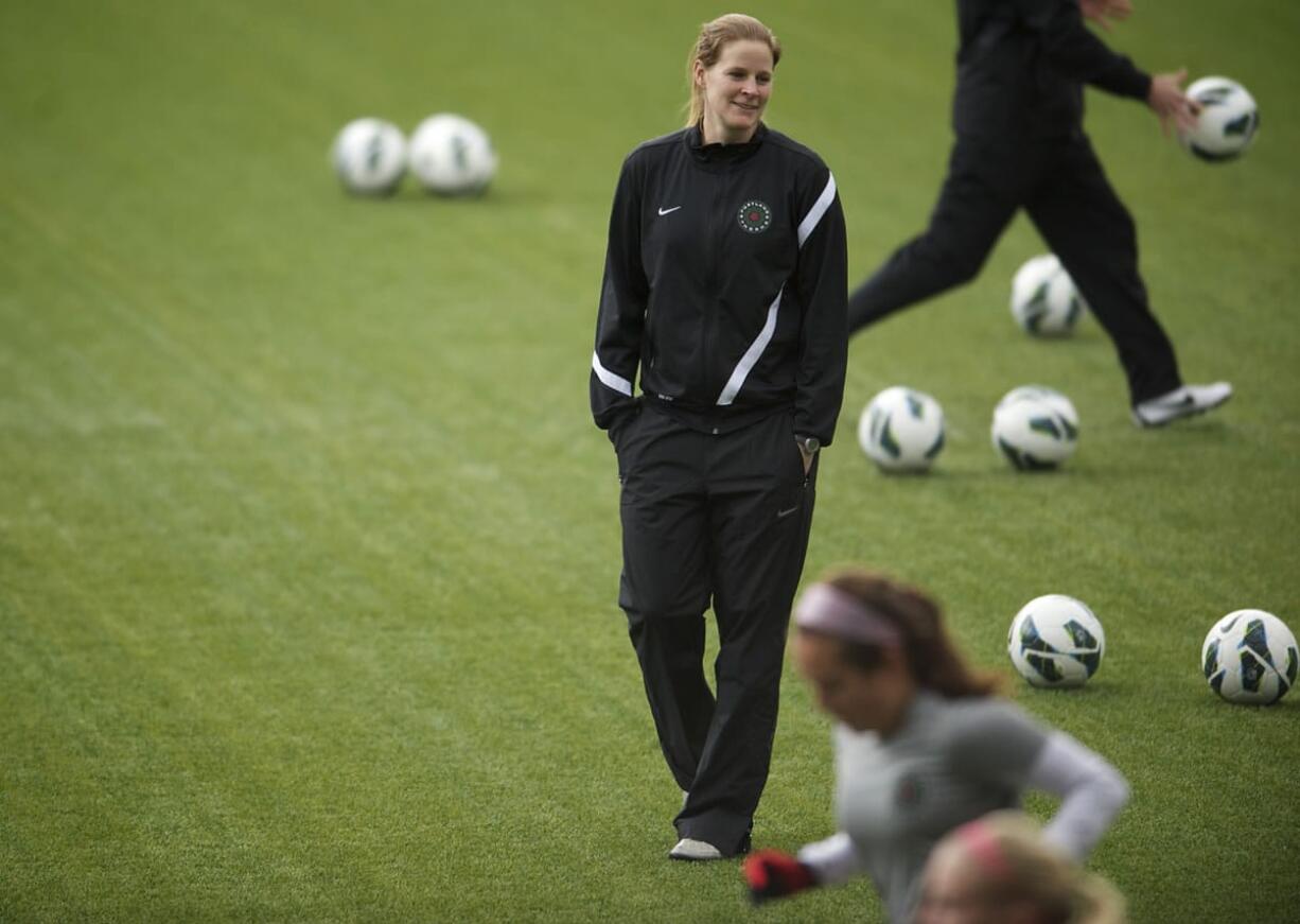 Thorns coach Cindy Parlow Cone during practice at Jeld-Wen Field on April 11.