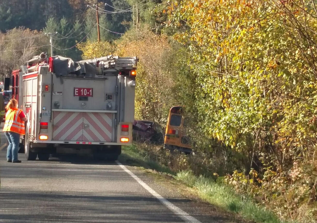 No serious injuries were reported in this crash involving an empty school bus after noon Friday near Northeast Gabriel Road and Highway 503.