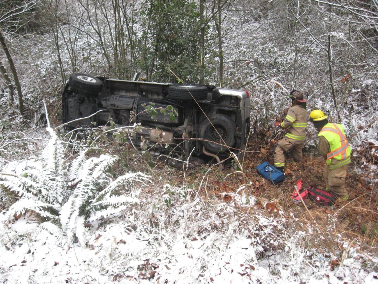 A motorist was trapped inside her SUV after the vehicle slid off an icy section of Northeast Risto Road late Tuesday morning.