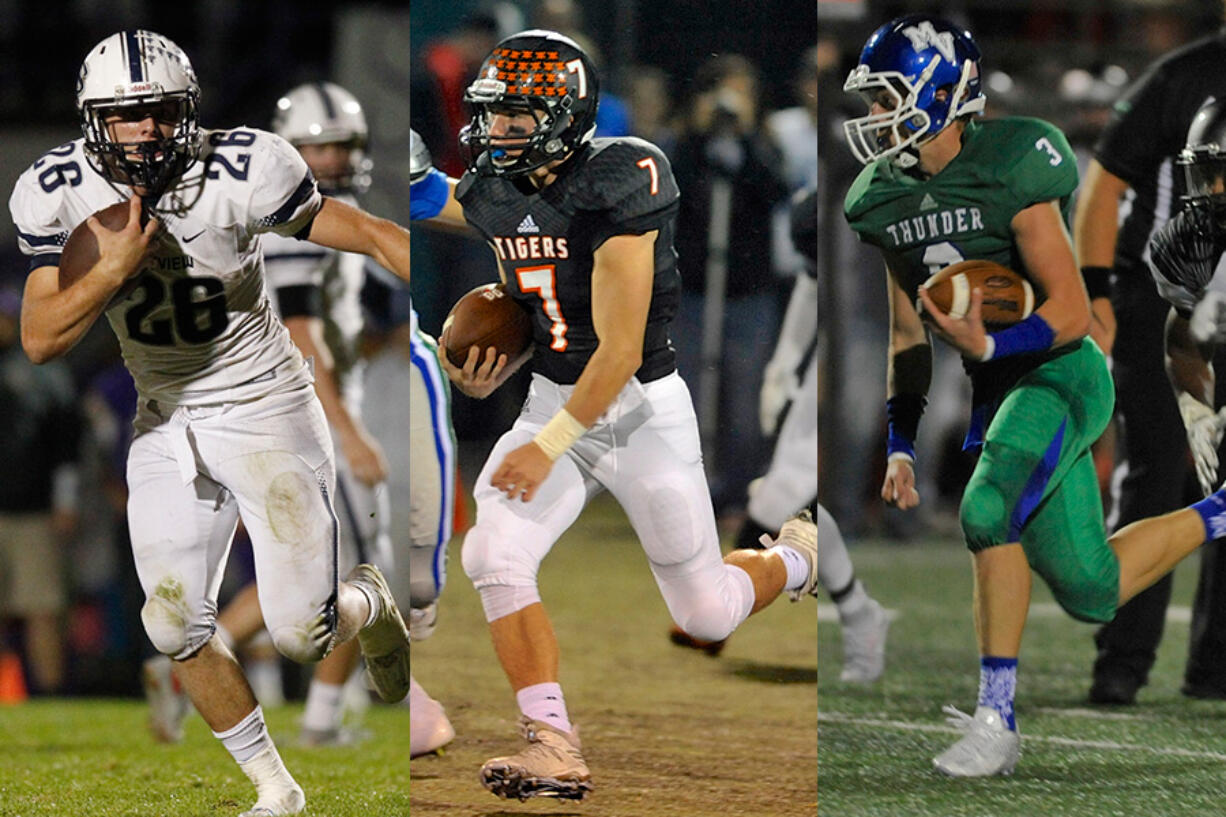 Blake Ingram of Skyview (from left), Gunner Talkington of Battle Ground and Anthony Ramirez of Mountain View will all be at Doc Harris Stadium on Monday night for the 4A GSHL tiebreaker.