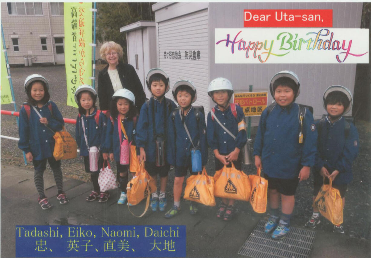 Uta Zuendel received this postcard wishing her  &quot;happy birthday&quot; from a group of elementary school students she met in Hamamatsu, Japan,