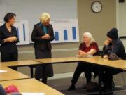 Sen. Ann Rivers, (R-La Center) and incoming Rep. Liz Pike, (R-Camas) listen to constituents' concerns Saturday, at the Camas Public Library. More than 75 people attended the 18th District town hall meeting. Topics included immigration, coal trains, guns in schools and light rail.