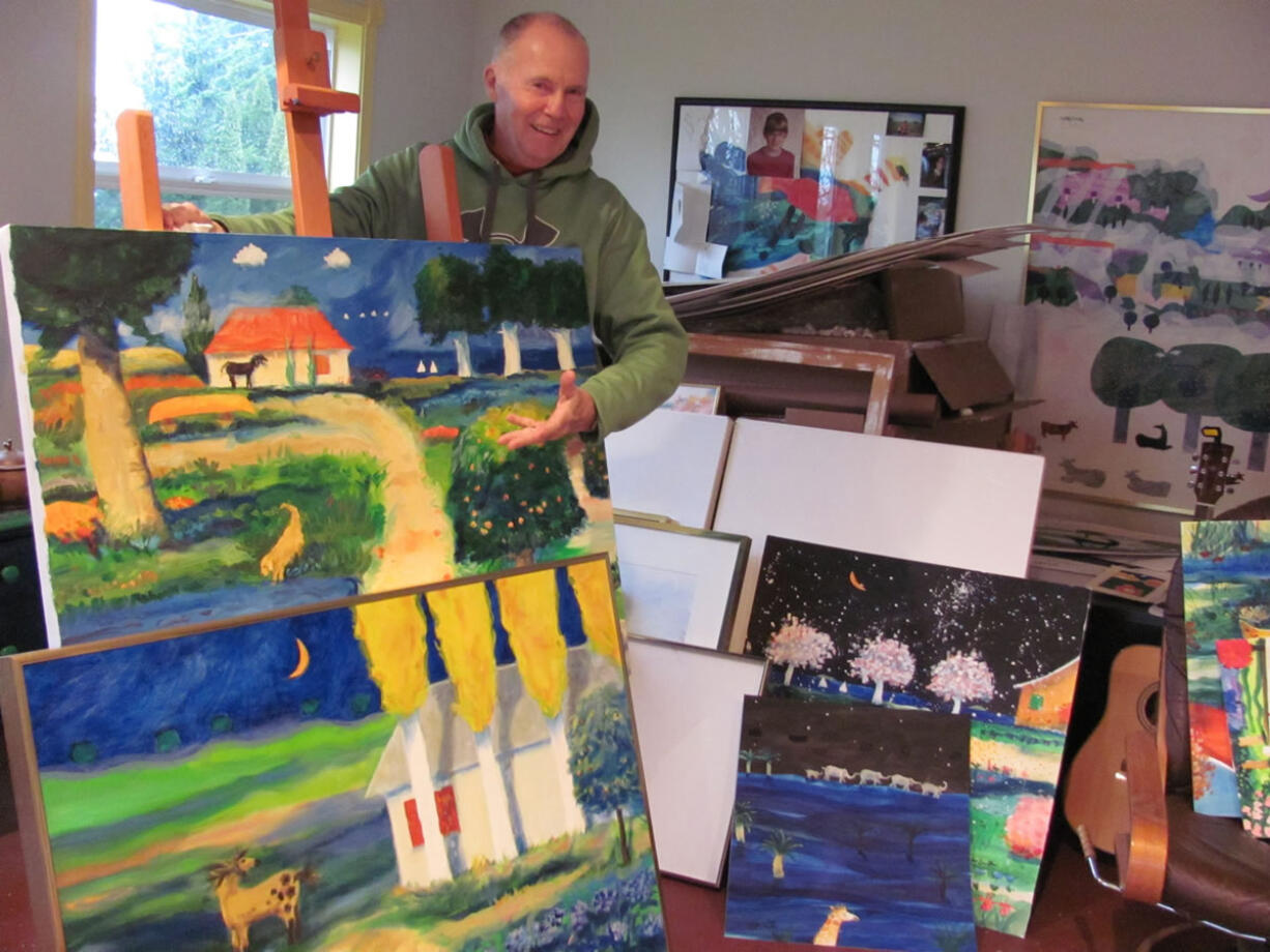 Mike Smith is represented by several galleries, including one in Hilton Head, S.C. Here, he poses with two pastels he is sending to the gallery. In the background are works in progress and a guitar from his Army days.   Horses feature prominently in his work.