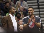 Jared Jeffries, right, talks with LaMarcus Aldridge, during a game in December.