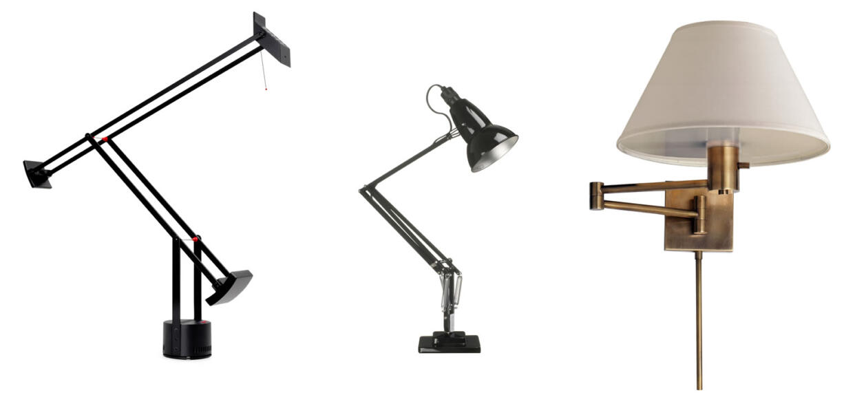 Classic lamps: From left, the Black Tizio Lamp; the Anglepoise Lamp Original 1227 desk lamp; and the swing-arm lamp in Hand-Rubbed Antique Brass.